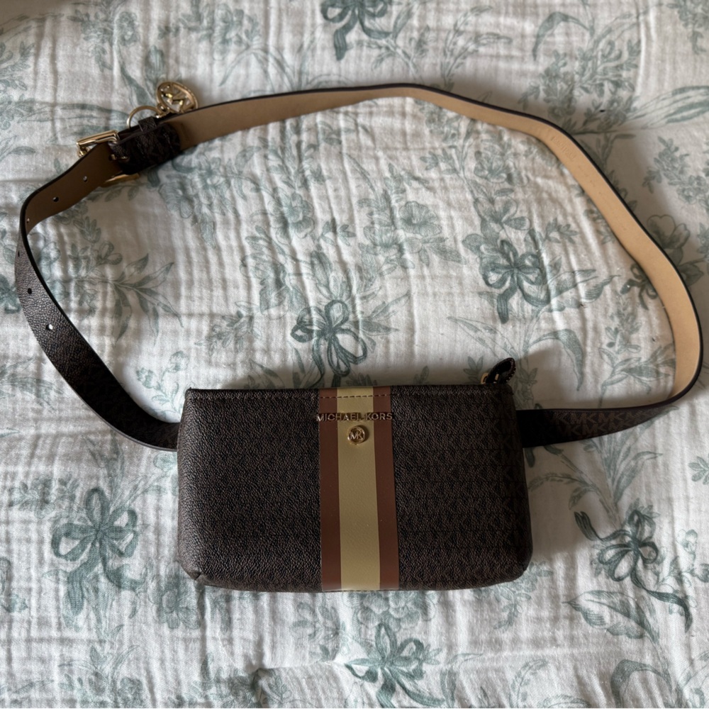 MICHAEL KORS logo center stripe faux-leather belt bag /fanny pack -Brown